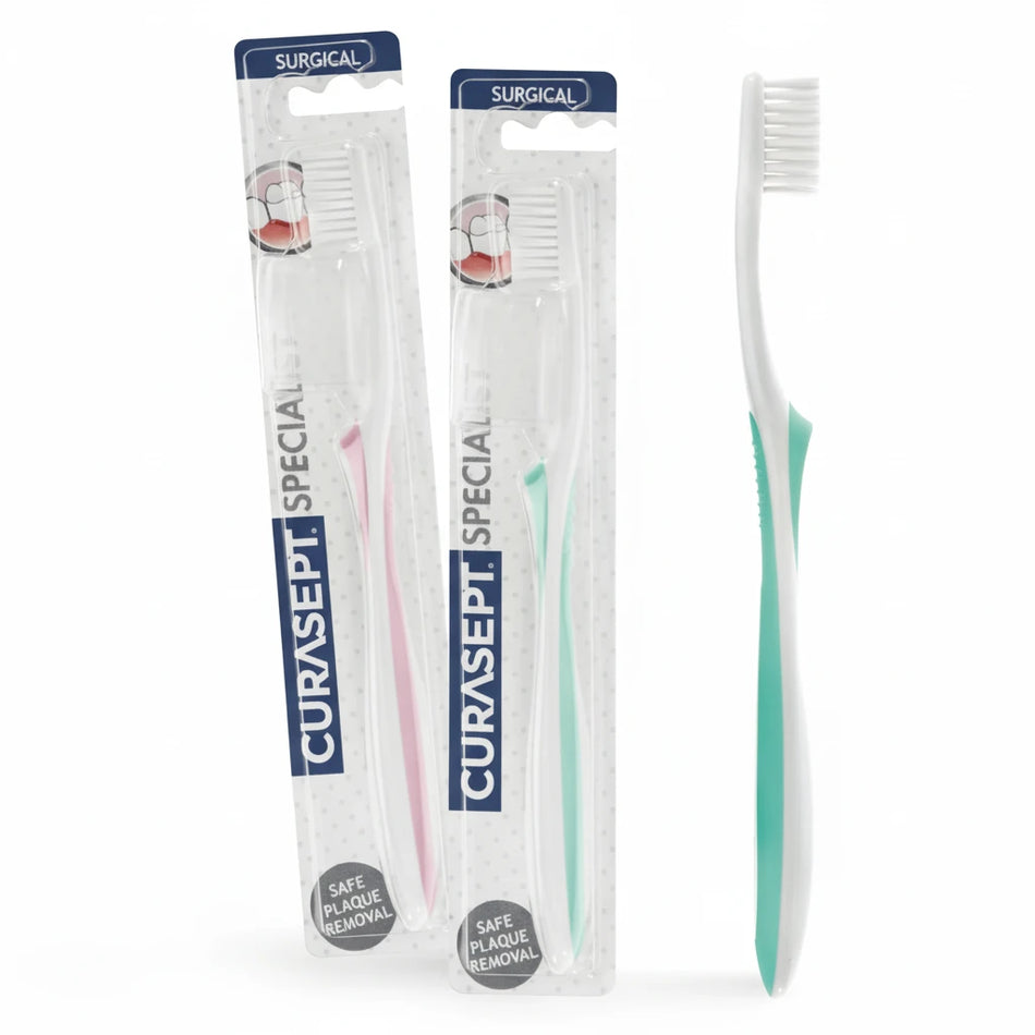 Curasept surgical toothbrushes in aqua and pink colours for post-surgery, chemo, and sensitive teeth care
