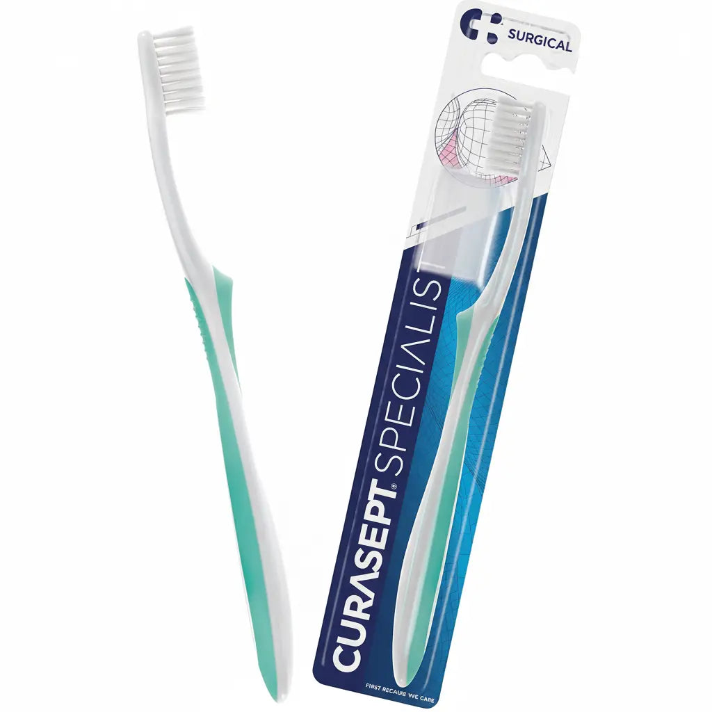 Curasept green surgical toothbrush designed for gentle cleaning of gums and sensitive teeth after oral surgery