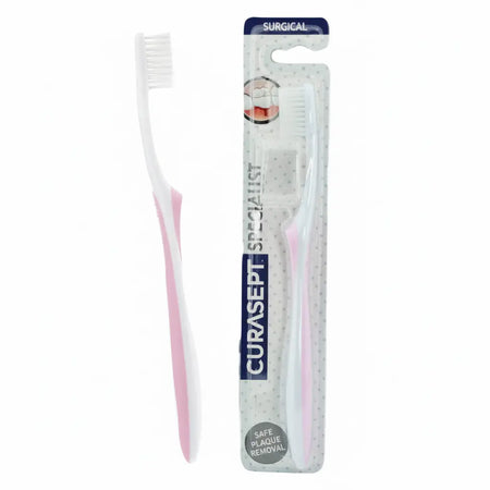 Curasept pink surgical toothbrush ideal for post-surgery, chemo, radiotherapy, and sensitive mouth care