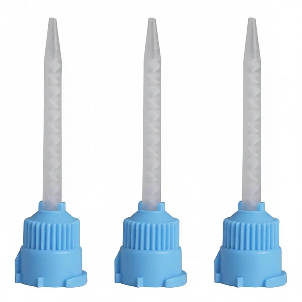 Tapered dental mixing tip for temporary crown materials, 1:1 automix provisional tip with blue cap and white spiral for precise dispensing
