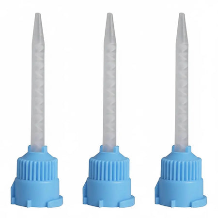 Tapered dental mixing tip for temporary crown materials, 1:1 automix provisional tip with blue cap and white spiral for precise dispensing
