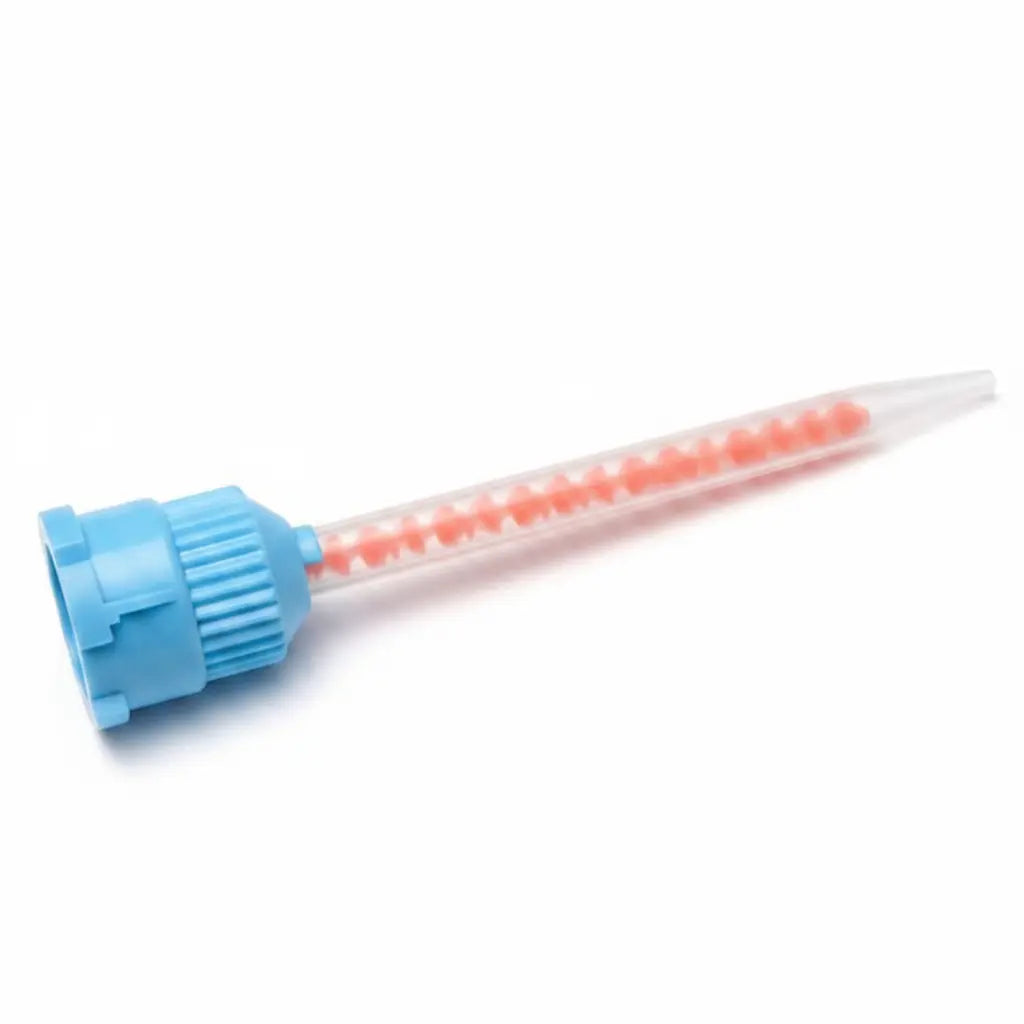Dental mixing tips for temporary crowns and acrylics, heavy-body automix tips with blue cap and orange spiral for precise dispensing