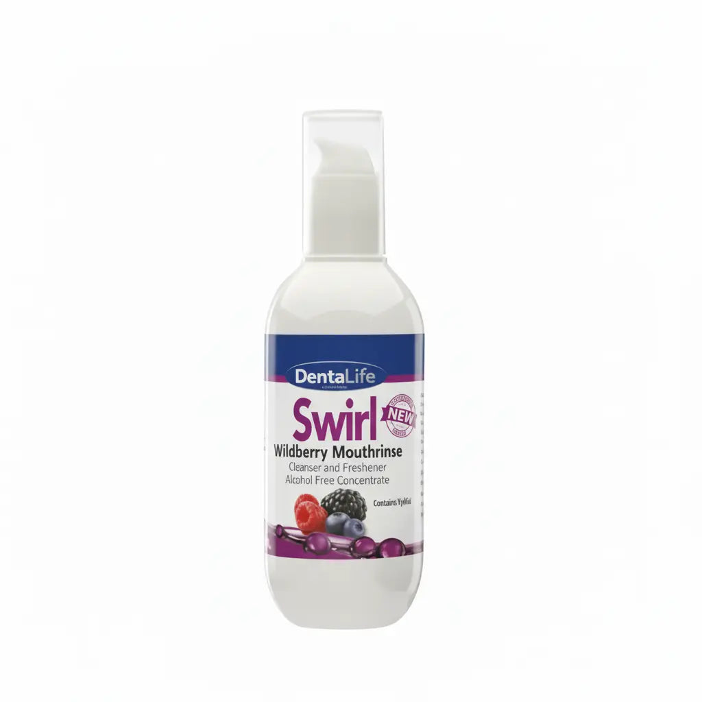 Dentalife Swirl mouthrinse concentrate delivering up to 1000 rinses, gentle alcohol-free formula for dental practices