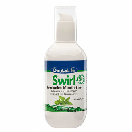 Dental professional preparing Dentalife Swirl alcohol-free mouthrinse for patient comfort before dental procedure