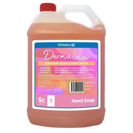 Dermalux Everyday Hand Soap Peach Fragrance 5L container, ultra mild pH balanced hand and body wash for dental, medical and healthcare environments.
