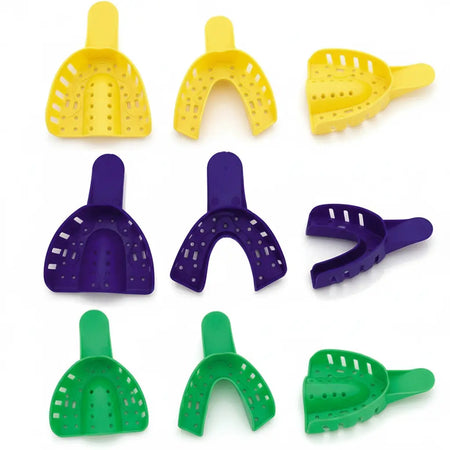 Disposable perforated dental impression trays for alginate, 12 trays per bag, available in small, medium and large sizes