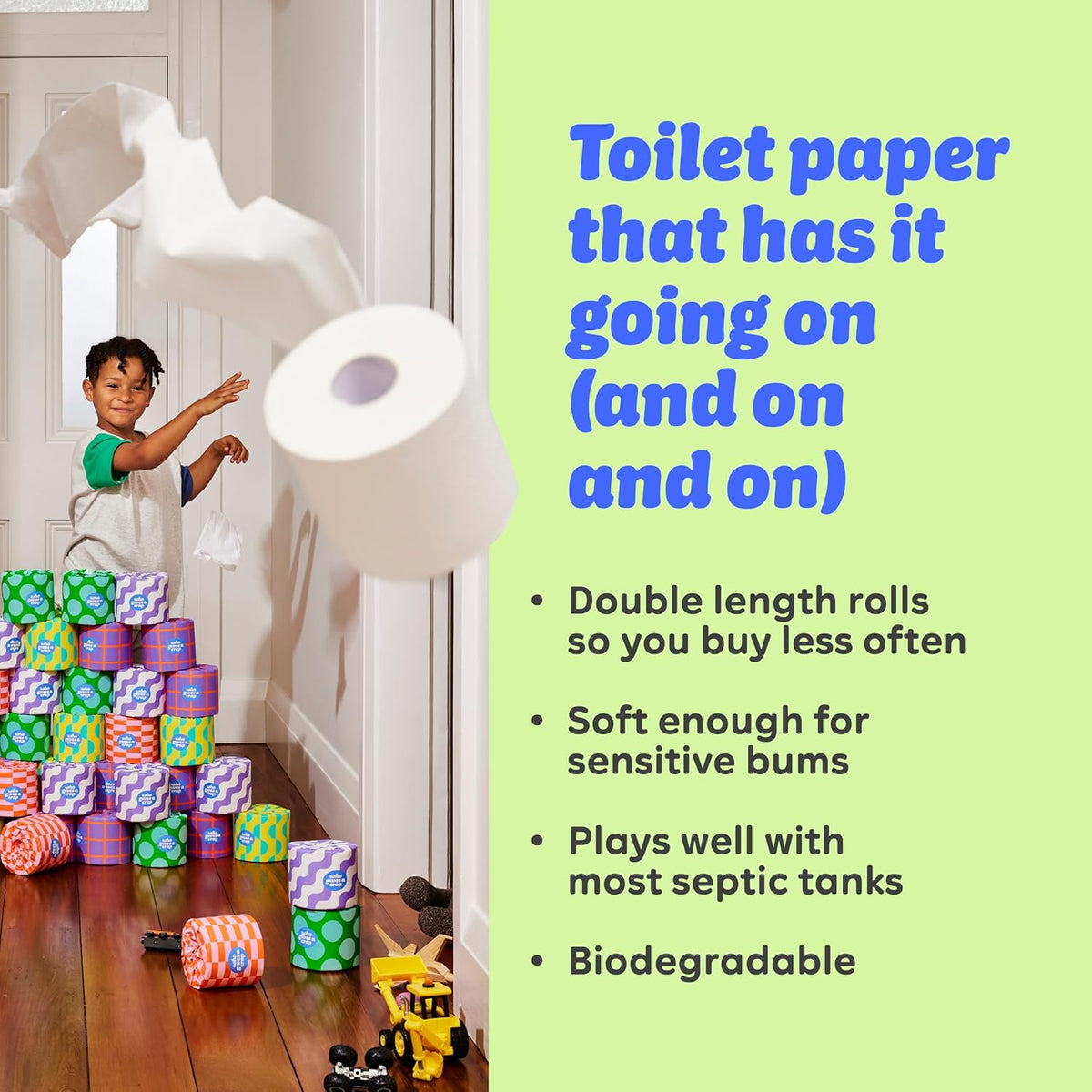 Double length recycled toilet paper rolls with more sheets per roll for longer use