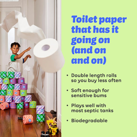 Double length recycled toilet paper rolls with more sheets per roll for longer use