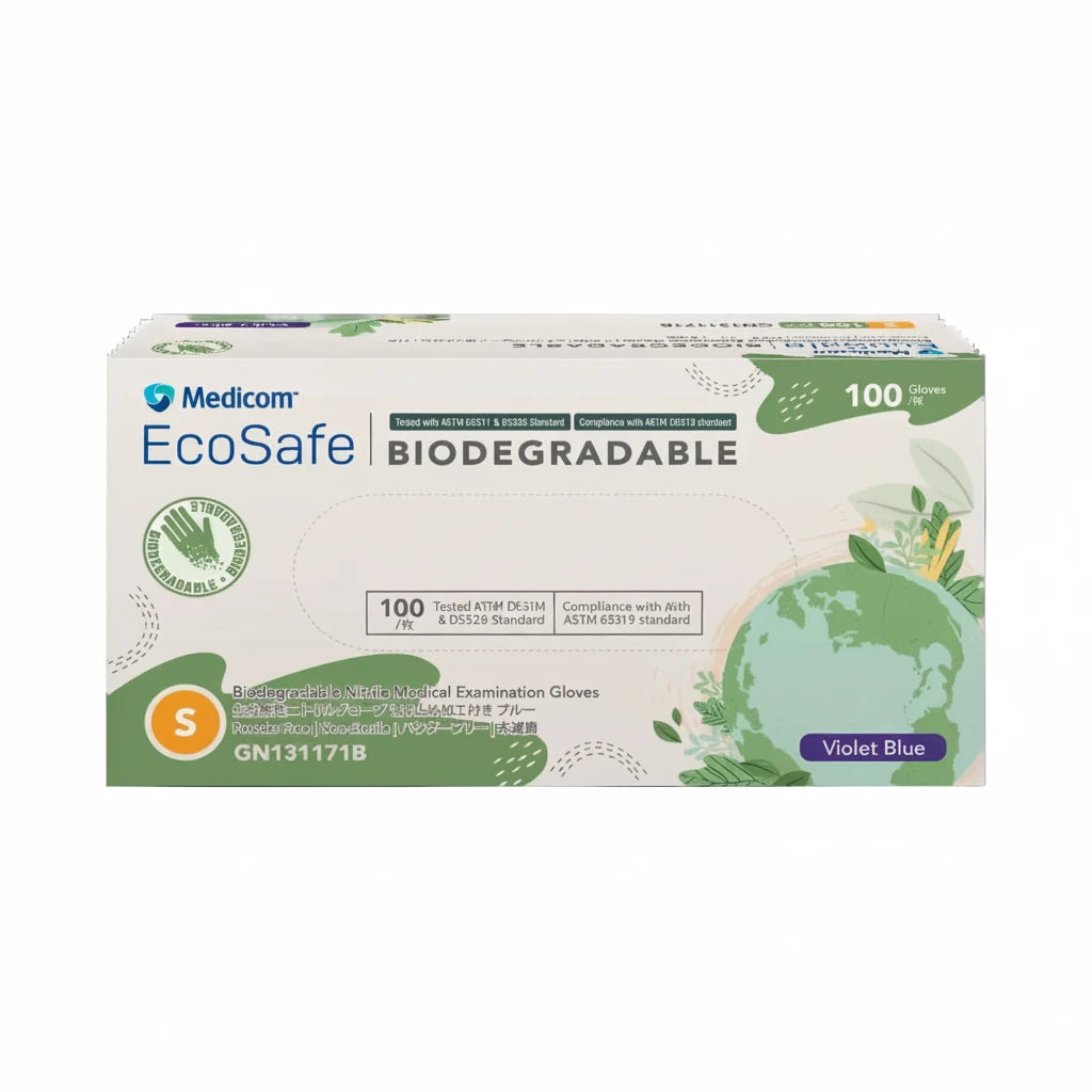 Eco friendly biodegradable nitrile gloves designed to reduce microplastics and environmental impact medical grade