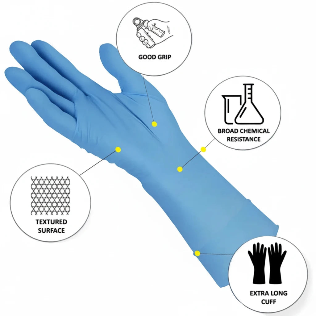 300mm extra long nitrile gloves compared to standard length gloves showing extended wrist protection
