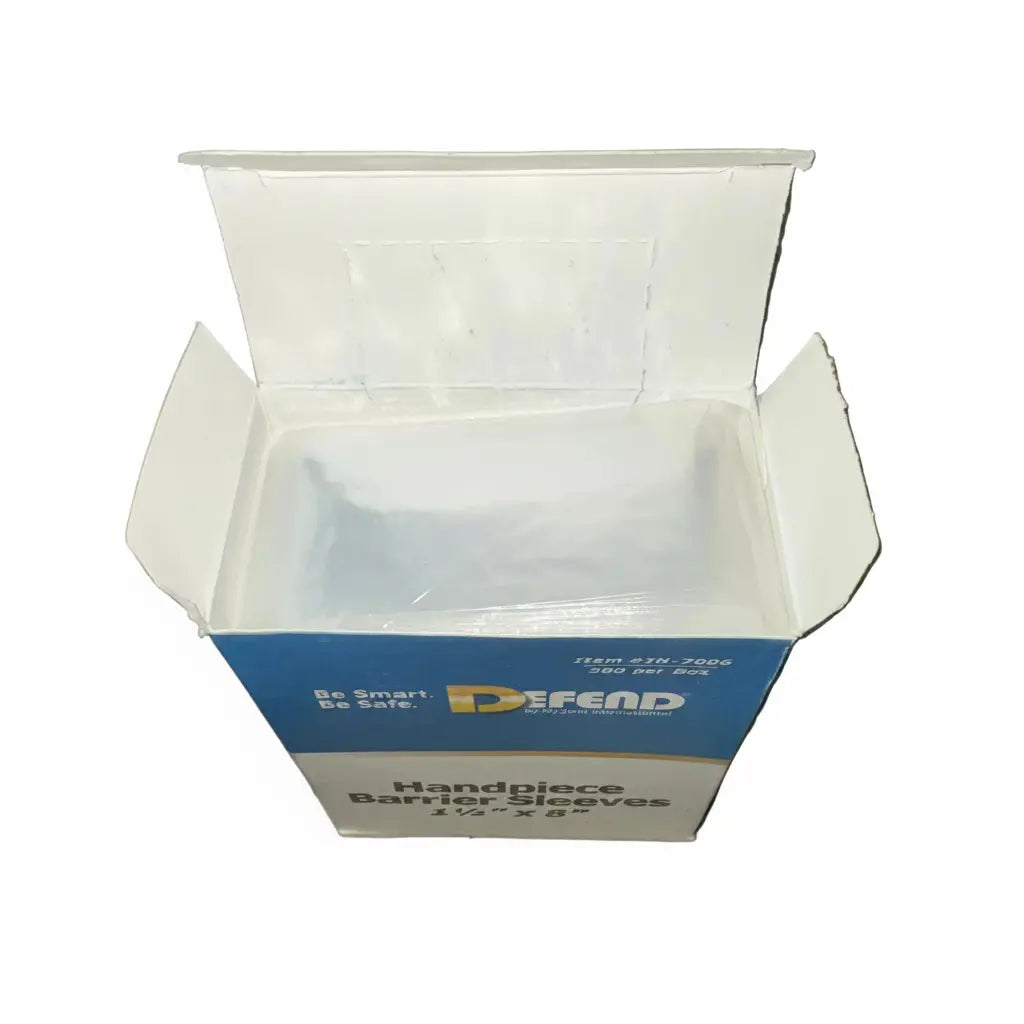 Box of 500 clear short handpiece barrier sleeves with the dispenser box open, showing the roll of sleeves and tear-off dispensing section.