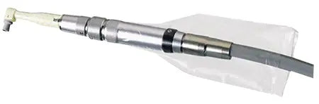 Dental handpiece fitted with a clear plastic handpiece barrier sleeve for illustrative product presentation.