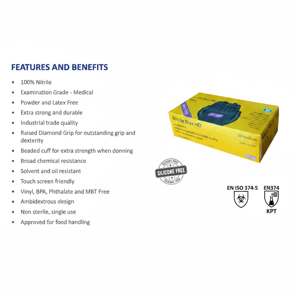 Heavy duty black nitrile gloves with features benefits packaging box and compliance icons latex free medical industrial grade chemical resistant diamond grip gloves