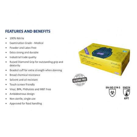 Heavy duty black nitrile gloves with features benefits packaging box and compliance icons latex free medical industrial grade chemical resistant diamond grip gloves