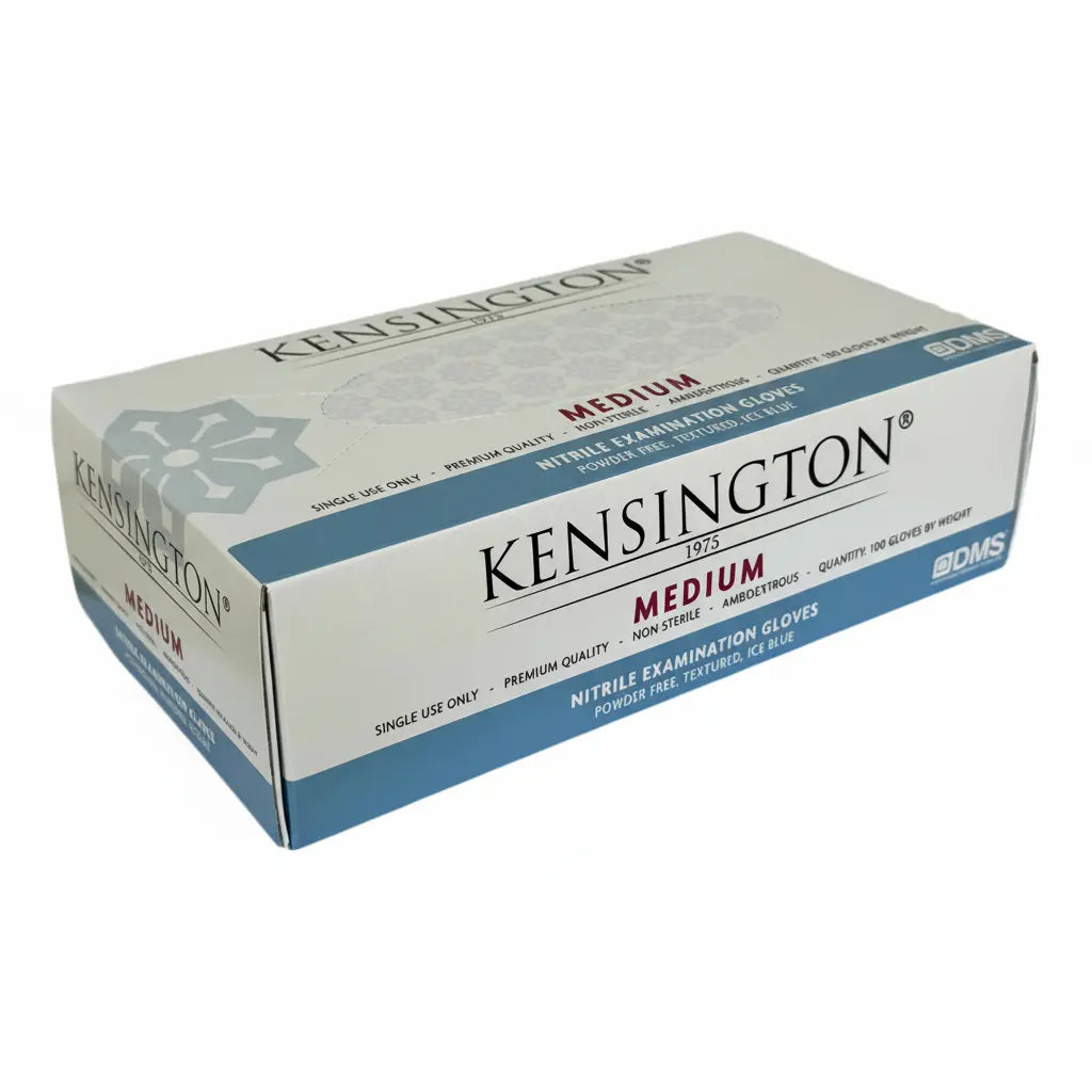Ice blue powder-free nitrile gloves stretch test showing durability strength and textured grip for medical and dental use