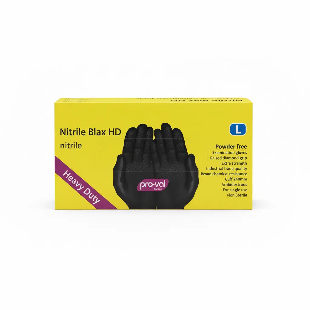 Comparison between heavy duty nitrile gloves and standard 6 mil gloves showing reinforced grip durability and puncture resistance difference