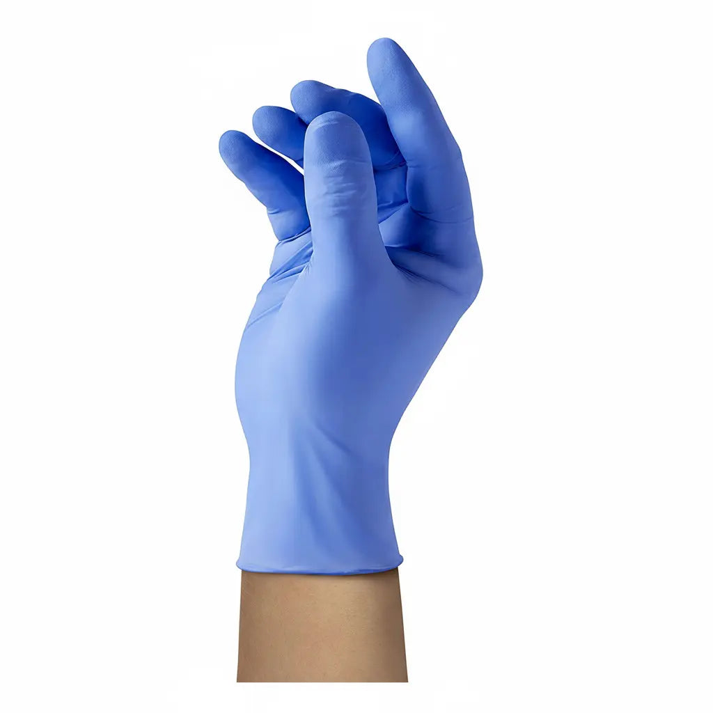 Kensington 1975® nitrile glove box with textured fingertips close-up showing premium powder-free latex-free design