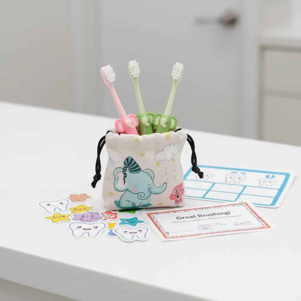 Assorted colour Kids Ultra Soft Toothbrushes with cartoon elephant-shaped handles displayed on a white table with dental-themed stickers and a children's brushing progress card.