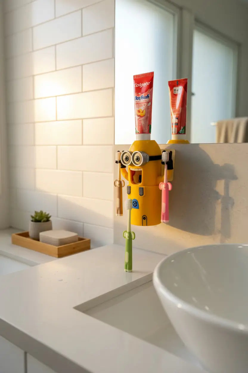 Cartoon Minion toothbrush holder mounted on a bathroom wall holding Aussie Kids Toothbrush Co® kids elephant toothbrushes with grip handles and toothpaste tubes beside a sink and mirror.