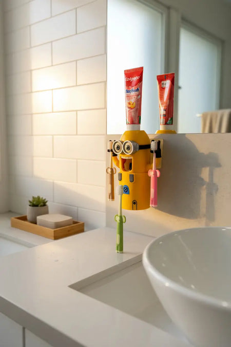 Cartoon Minion toothbrush holder mounted on a bathroom wall holding Aussie Kids Toothbrush Co® kids elephant toothbrushes with grip handles and toothpaste tubes beside a sink and mirror.
