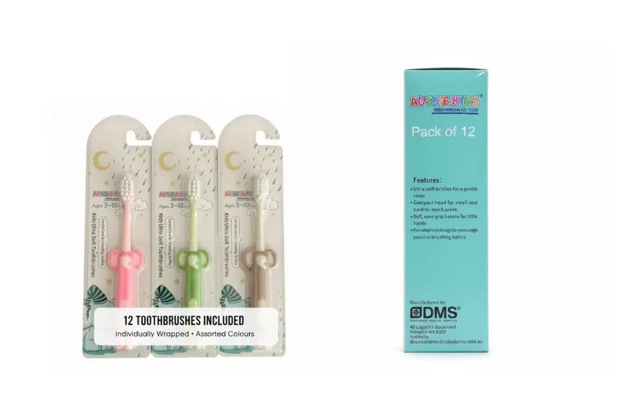 Assorted colour Kids Ultra Soft Toothbrushes displayed with the 12-pack retail box and individually wrapped toothbrushes.