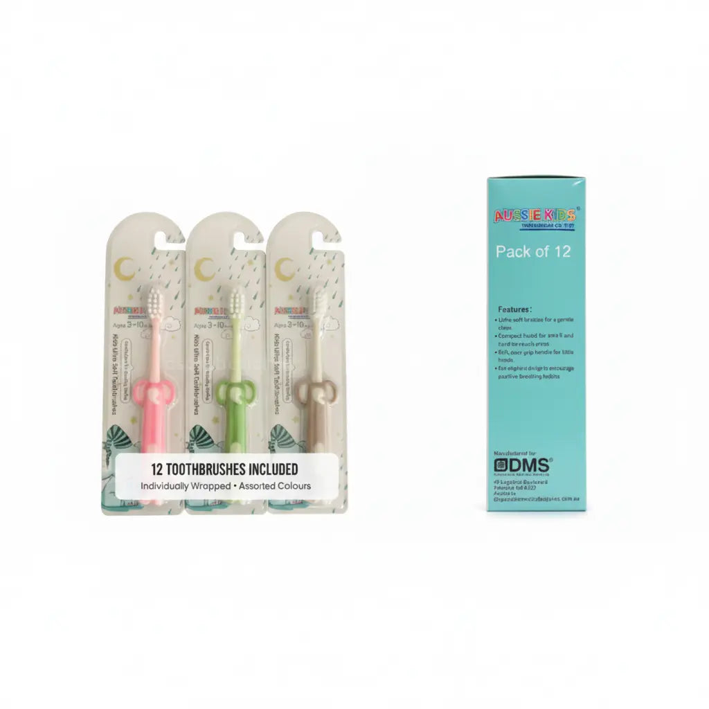 Individually wrapped Kids Ultra Soft Toothbrushes displayed alongside the 12-pack retail packaging.