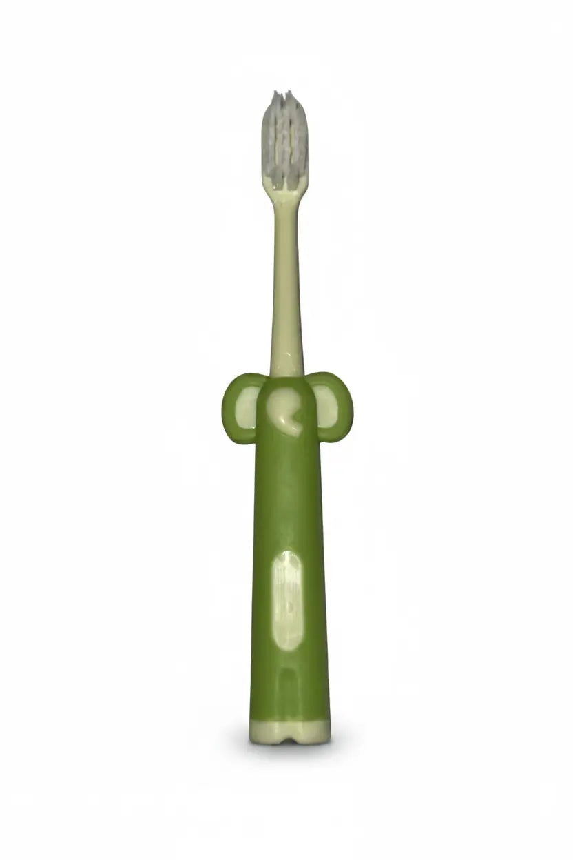 Aussie Kids Toothbrush Co® ultra-soft kids toothbrush standing upright with a flat base and elephant ear grip handle designed for children’s comfortable everyday brushing.