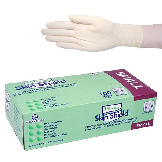 Powder-free latex examination gloves with microtextured fingertips and palms for secure grip in wet or dry conditions