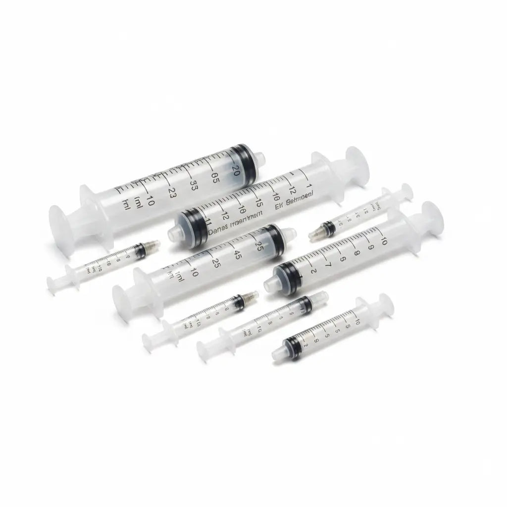 Close-up of Luer Lock syringe showing precise measurement markings, clear barrel, and smooth plunger action