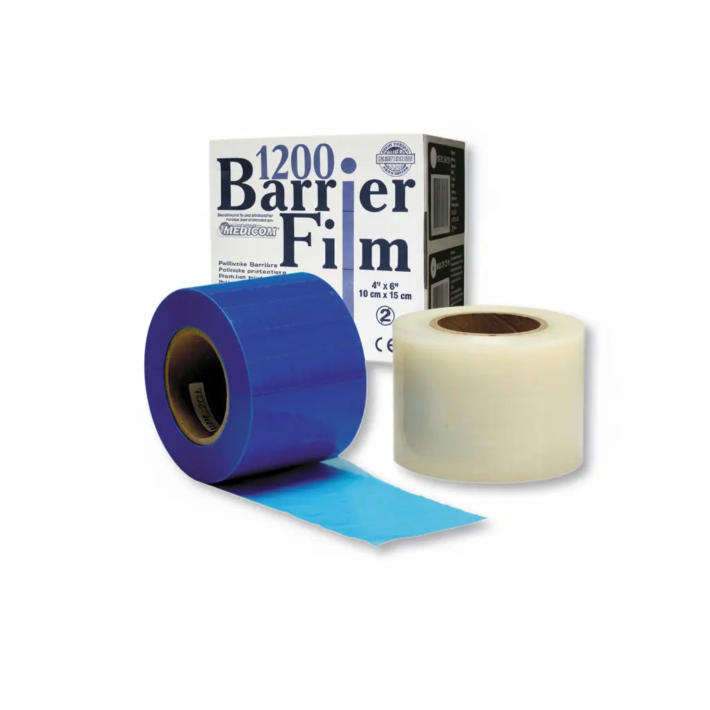 Medicom blue and clear barrier film counter-top dispenser box with tear-off sheets for dental surface protection
