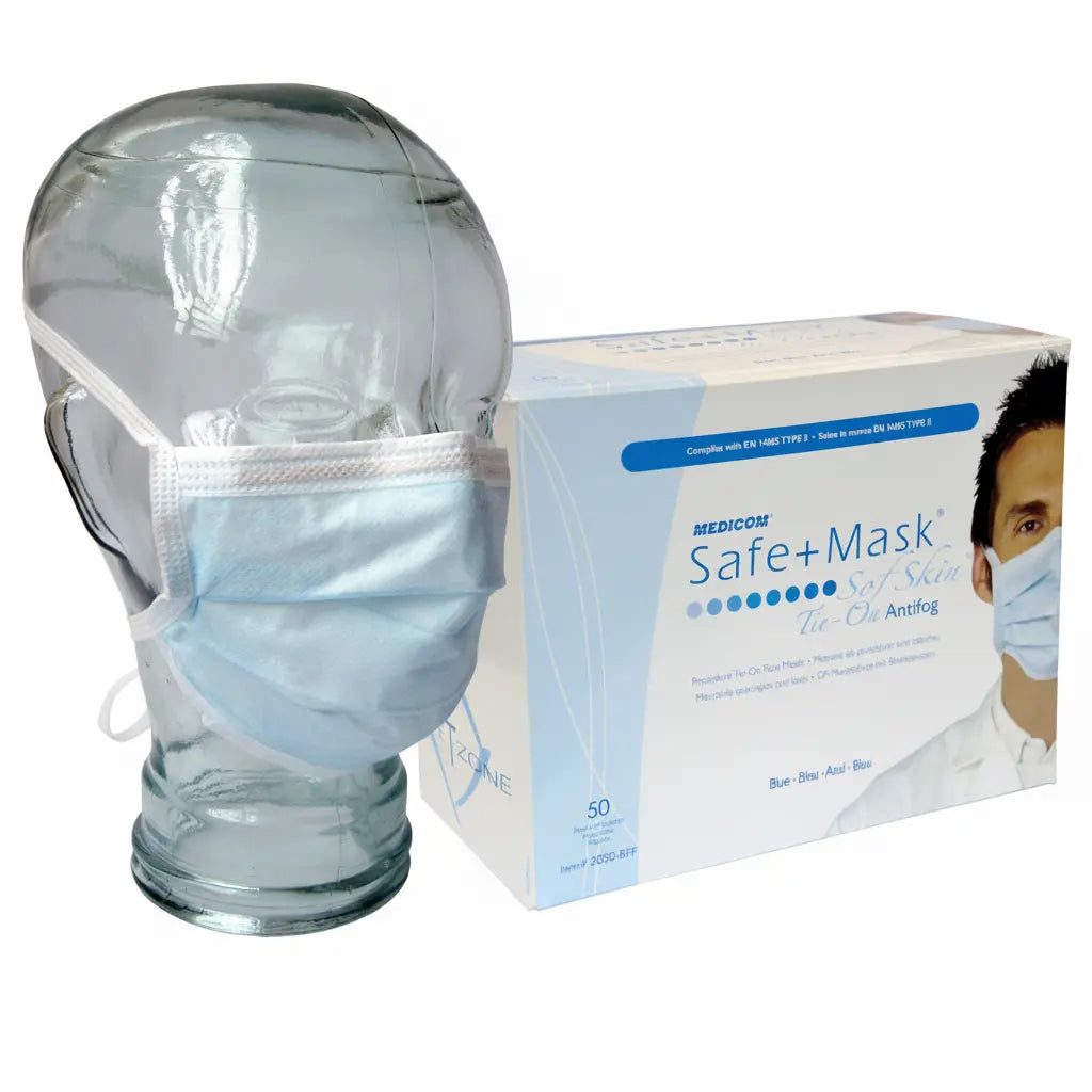 Medicom Level 3 anti-fog tie-on surgical mask fluid resistant 160mmHg blue dental and medical use