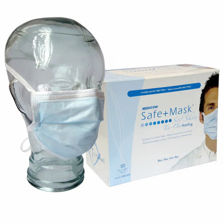 Medicom Level 3 anti-fog tie-on surgical mask fluid resistant 160mmHg blue dental and medical use