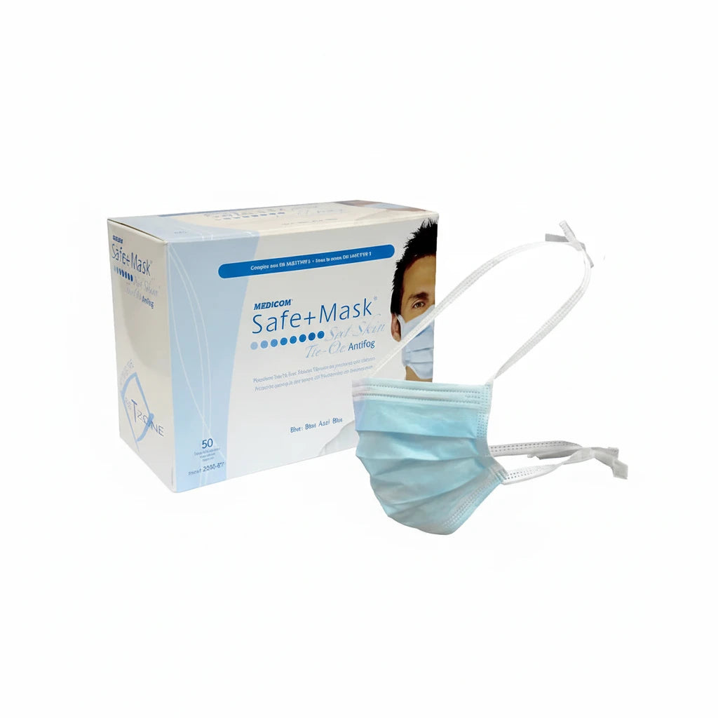 Medicom Safe+Mask Sof-Skin Level 3 anti-fog tie-on surgical face masks blue 50 per box AS4381:2015 compliant
