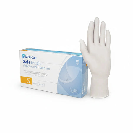 Medicom SafeTouch White Nitrile Gloves Small worn on hand – Ergonomic fit, finger-textured grip for dental, medical, and food handling
