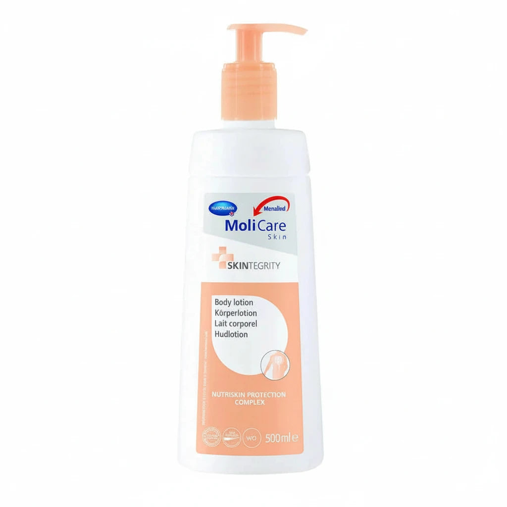 MoliCare Skin Body Lotion 500ml for sensitive, dry and elderly skin, intensive moisturising lotion with Nutriskin complex, fast absorbing medical-grade body lotion 500mL bottle