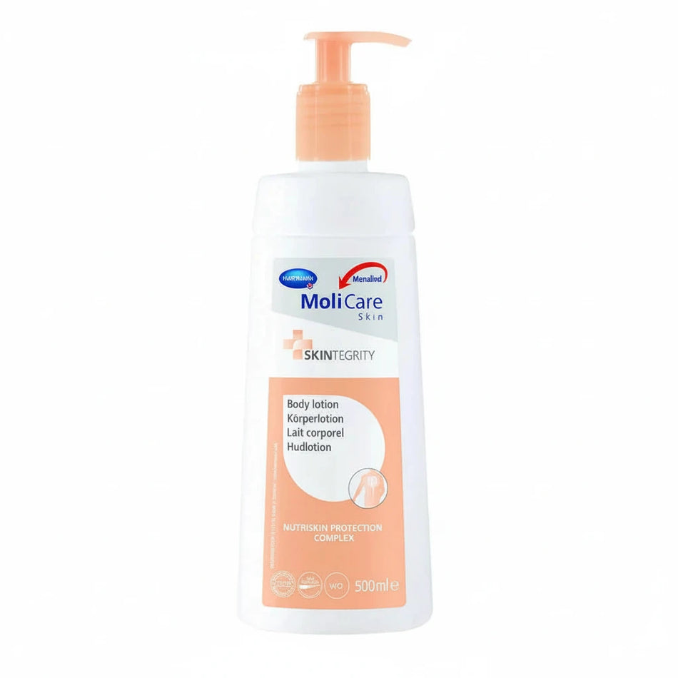 MoliCare Skin Body Lotion 500ml for sensitive, dry and elderly skin, intensive moisturising lotion with Nutriskin complex, fast absorbing medical-grade body lotion 500mL bottle