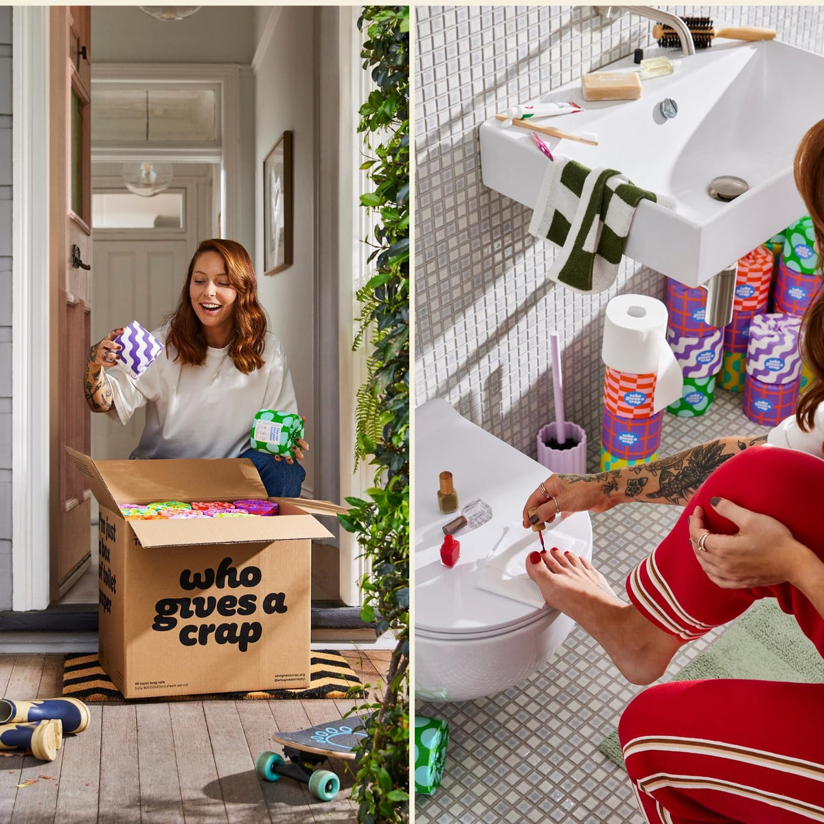 Multi use recycled toilet paper used while applying nail polish for clean beauty care
