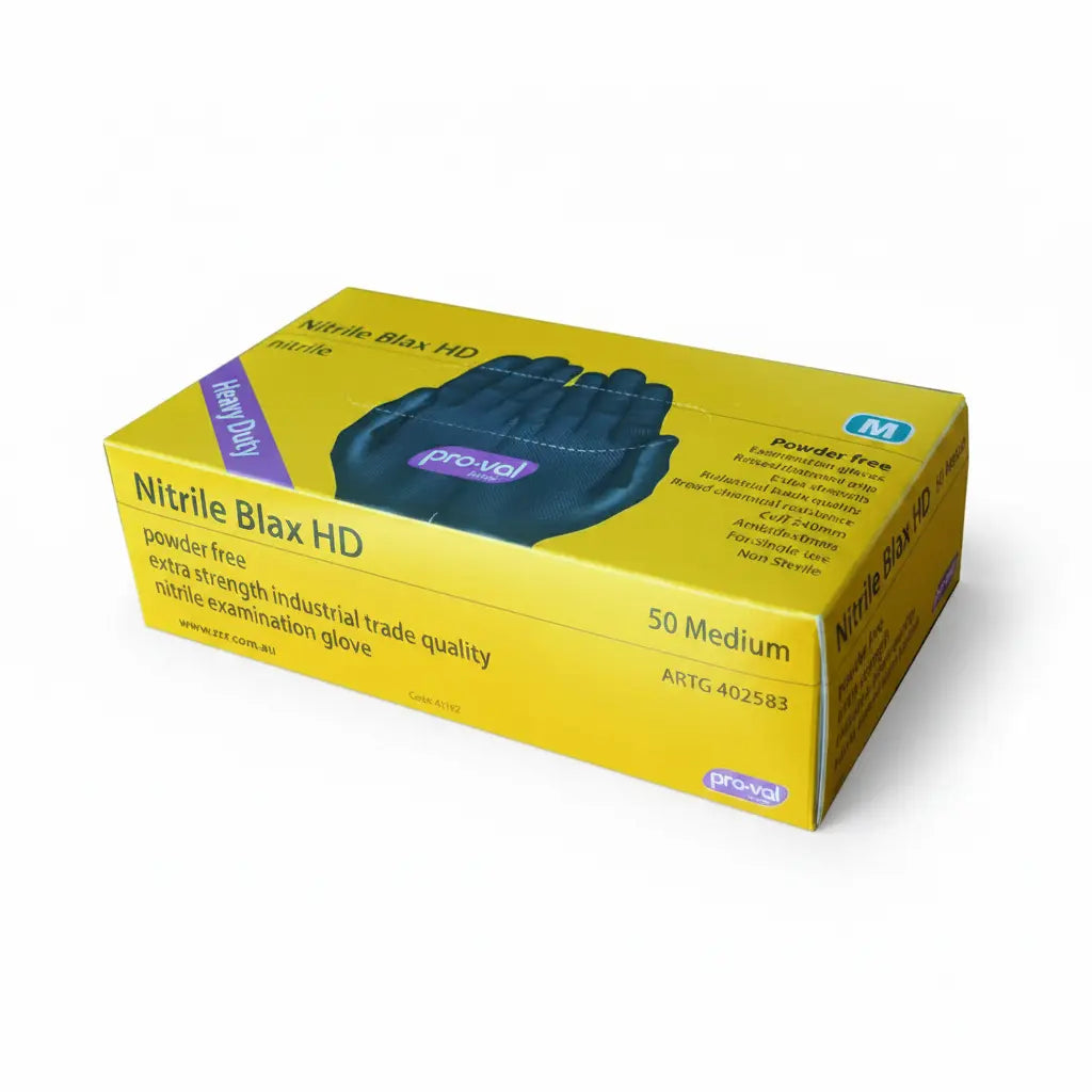 Nitrile Blax HD heavy duty black nitrile gloves 50 pack box packaging disposable latex free industrial and medical grade gloves