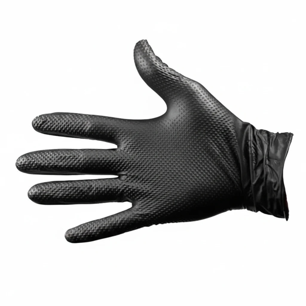 Close up of black nitrile gloves diamond grip texture reinforced fingertips extra thick 0.20mm heavy duty puncture resistant gloves