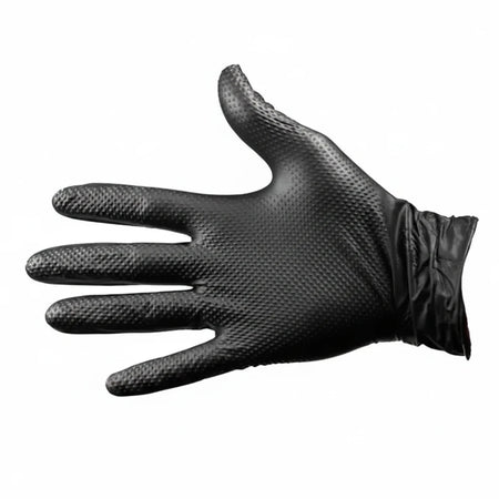 Close up of black nitrile gloves diamond grip texture reinforced fingertips extra thick 0.20mm heavy duty puncture resistant gloves