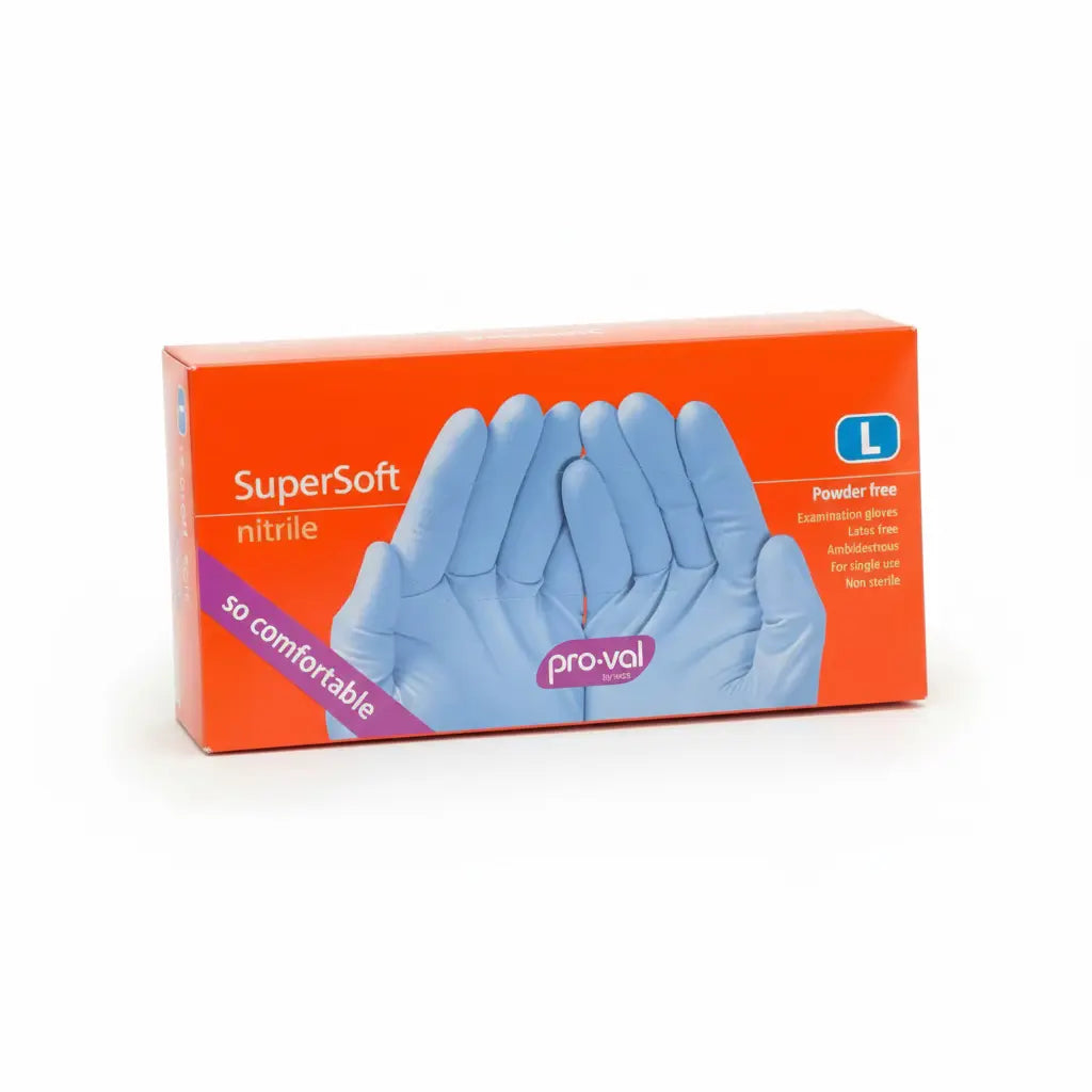 Blue nitrile examination gloves used in medical dental and food handling environments for hygiene and protection