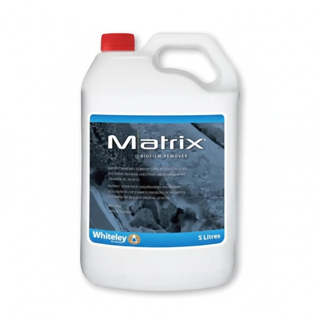 Non enzymatic biofilm remover detergent showing aqua blue dilution for medical instrument cleaning and biofilm removal