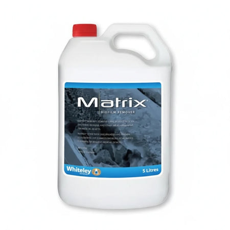 Non enzymatic biofilm remover detergent showing aqua blue dilution for medical instrument cleaning and biofilm removal