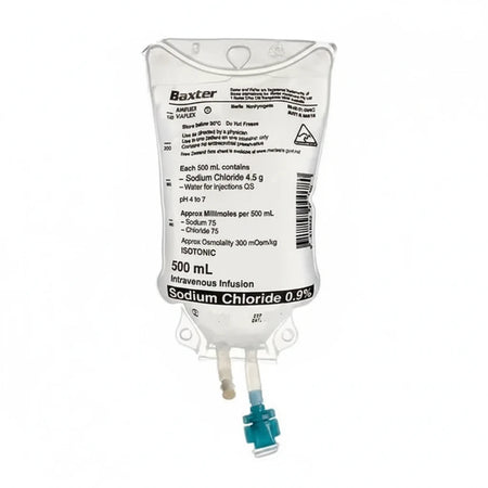 0.9% sodium chloride normal saline IV solution 500mL Viaflex bag for hospital and oral surgery clinical use in fluid and electrolyte management