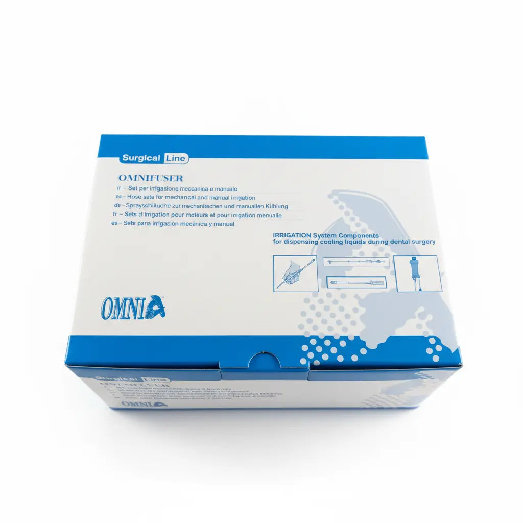 Integrated peristaltic pump section and roller clamp on Omnia mechanical irrigation tubing for controlled cooling fluid delivery in dental surgery.