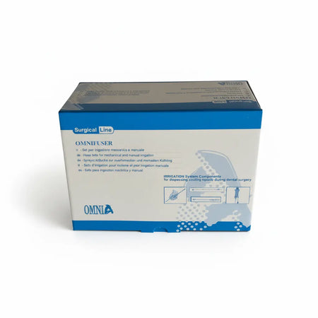 Omnia mechanical dental irrigation system showing internal and external irrigation options for enhanced surgical visibility and cooling efficiency.