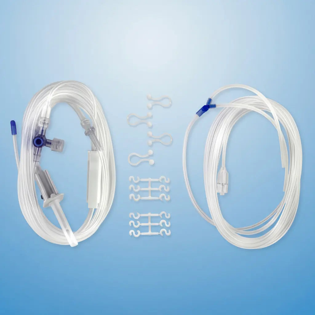 Close-up of Omnia sterile dental irrigation hose set made from medical-grade PVC for precise fluid control during implant and surgical procedures.