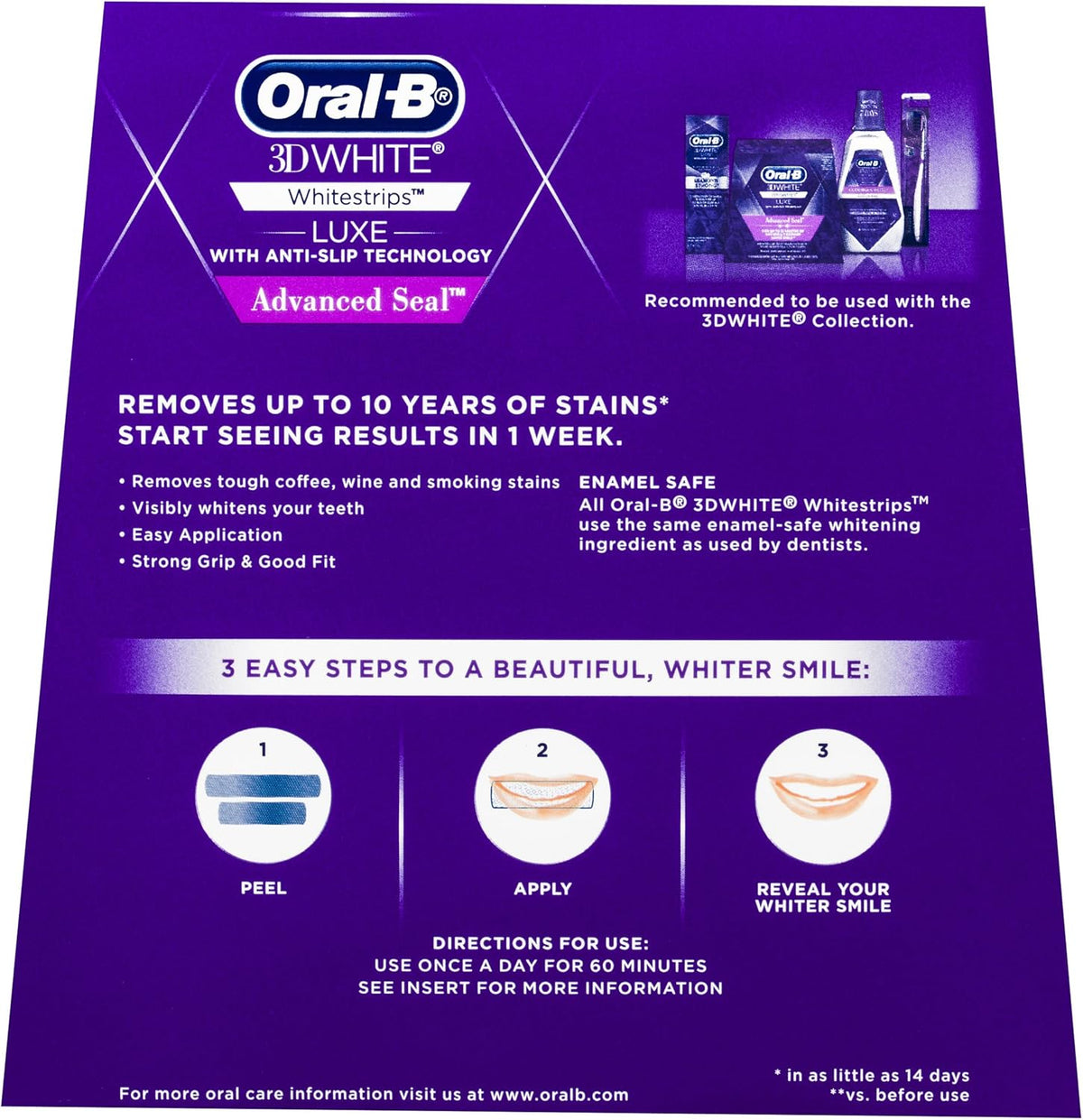 Before and after using Oral-B Luxe Advanced Seal Whitestrips – Up to 14 shades whiter teeth