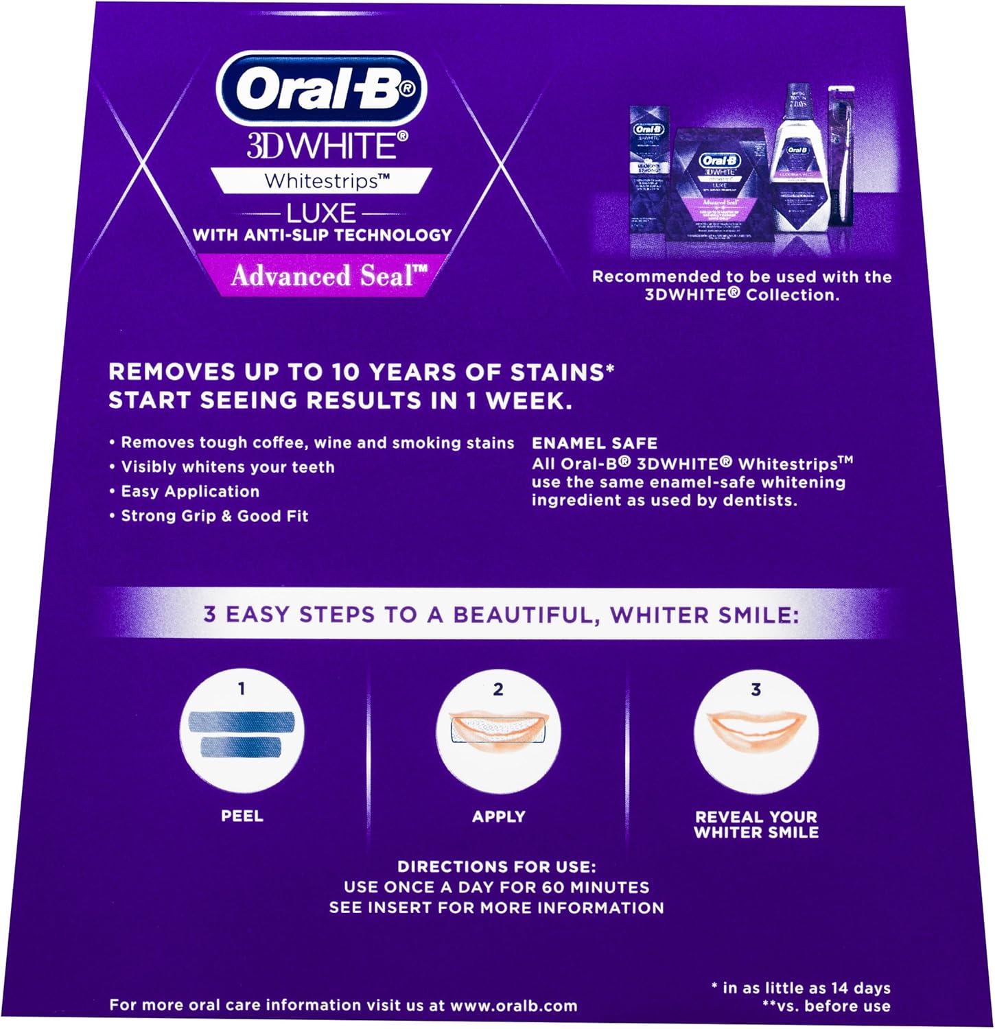 Before and after using Oral-B Luxe Advanced Seal Whitestrips – Up to 14 shades whiter teeth