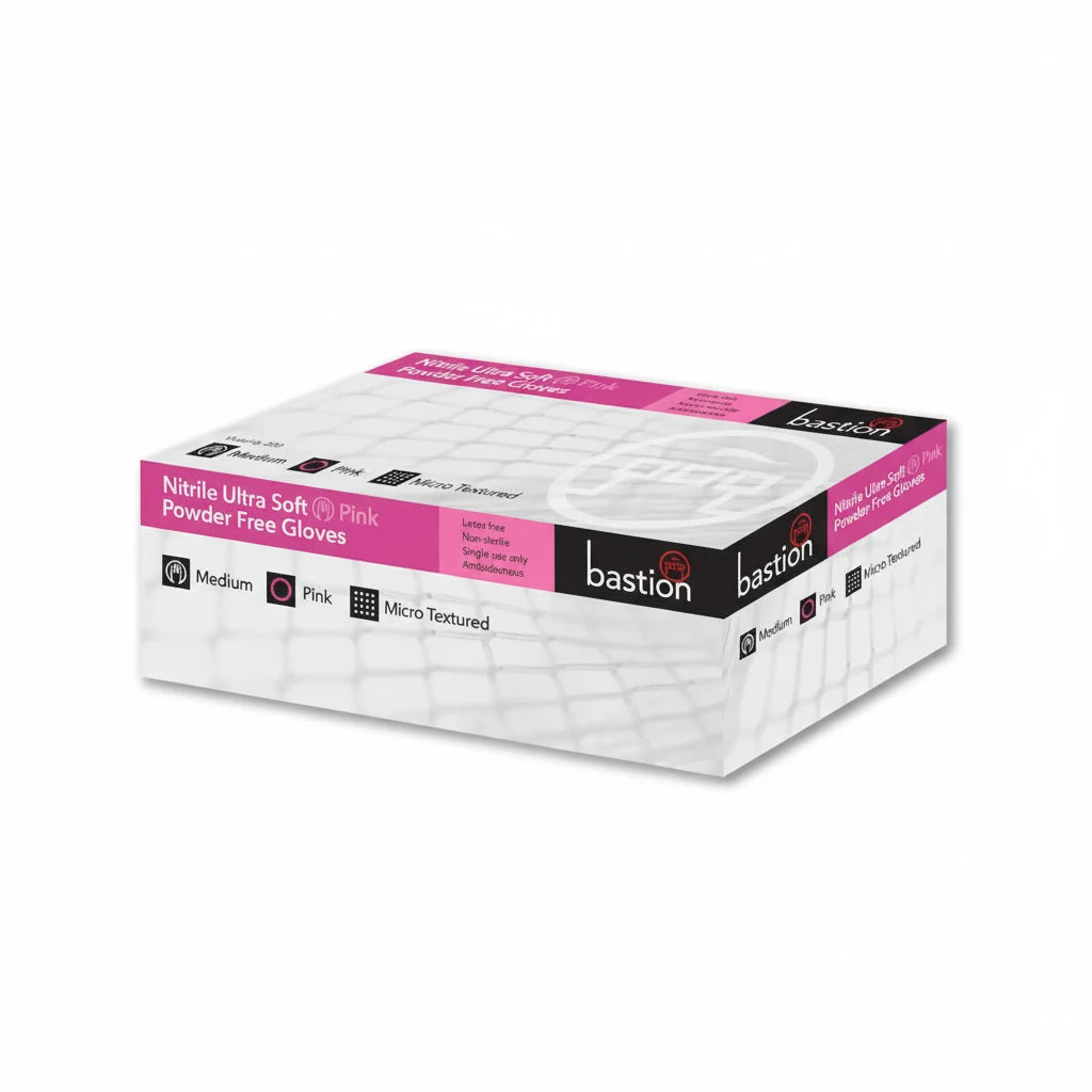 Pink ambidextrous powder-free nitrile gloves with box packaging, 200 gloves per box for medical and professional use
